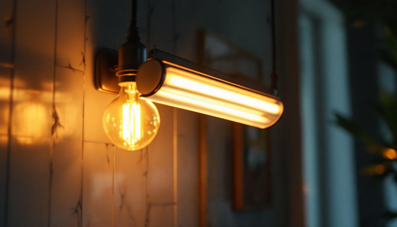 A photograph of a beautifully restored vintage fluorescent light fixture in a stylish interior setting
