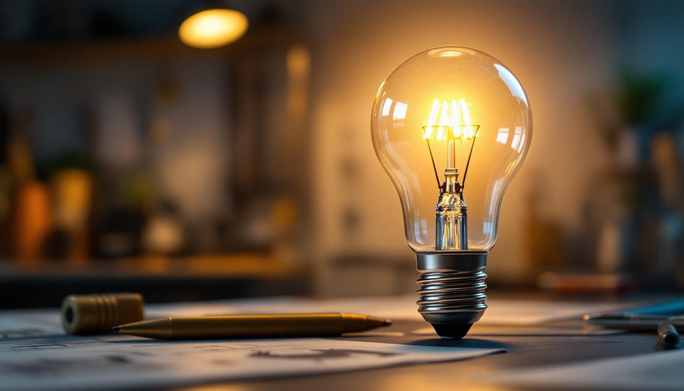 A photograph of a close-up of an intermediate base led light bulb illuminated in a modern engineering workspace