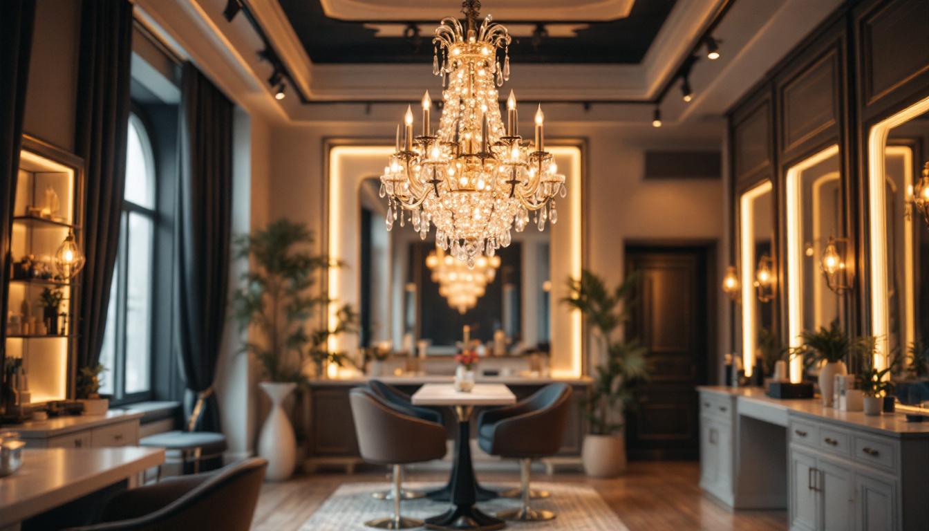 A photograph of capture a photograph of an elegant hair salon featuring a stunning chandelier as the focal point