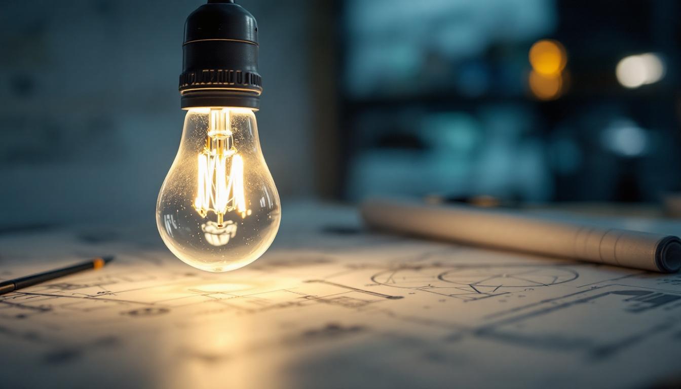 A photograph of a close-up of a fluorescent bulb illuminating a workspace