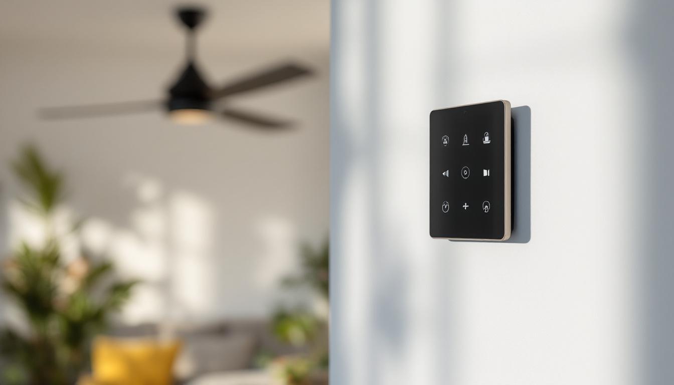 A photograph of a stylish wall control panel for a ceiling fan in a well-lit room