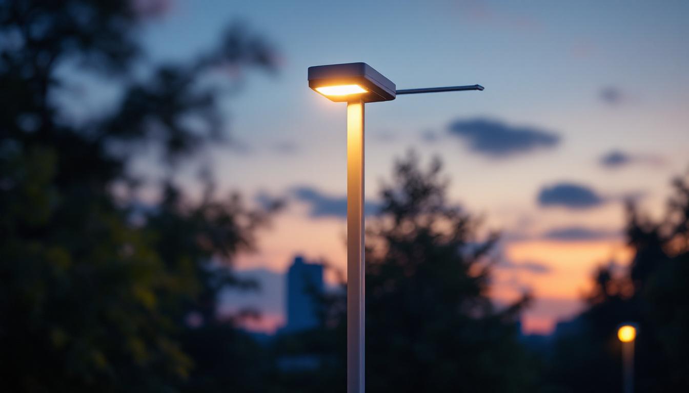 A photograph of a sleek motion detector lamp post illuminated at dusk