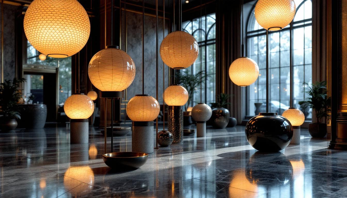 A photograph of a beautifully designed large-scale lighting installation featuring decorative receptacles