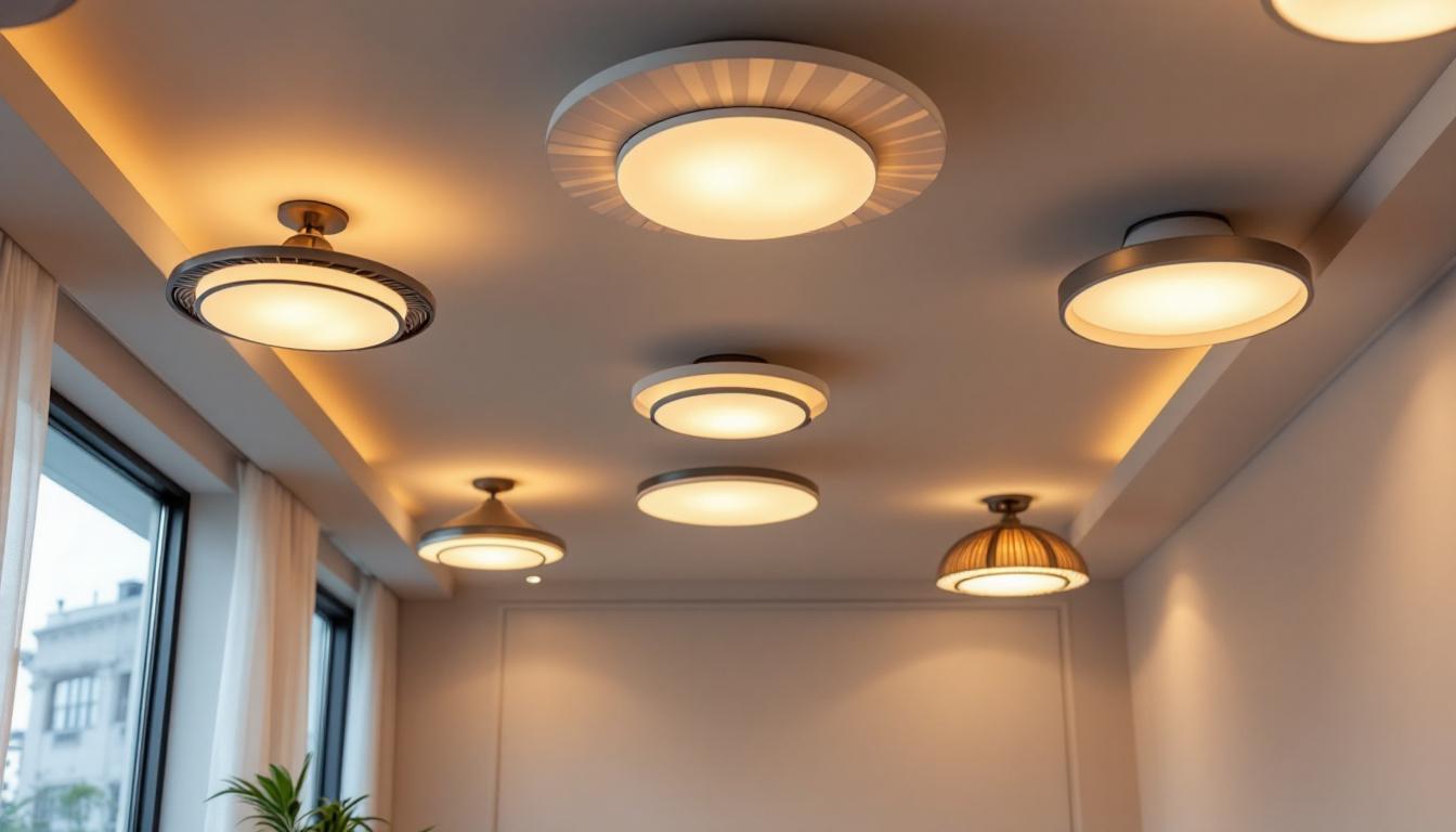 A photograph of a beautifully designed interior space featuring various styles of flushed ceiling lights