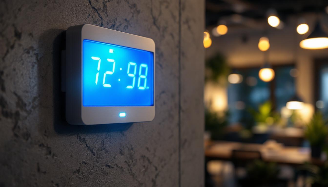 A photograph of a modern commercial light timer installed in a well-lit office or retail space