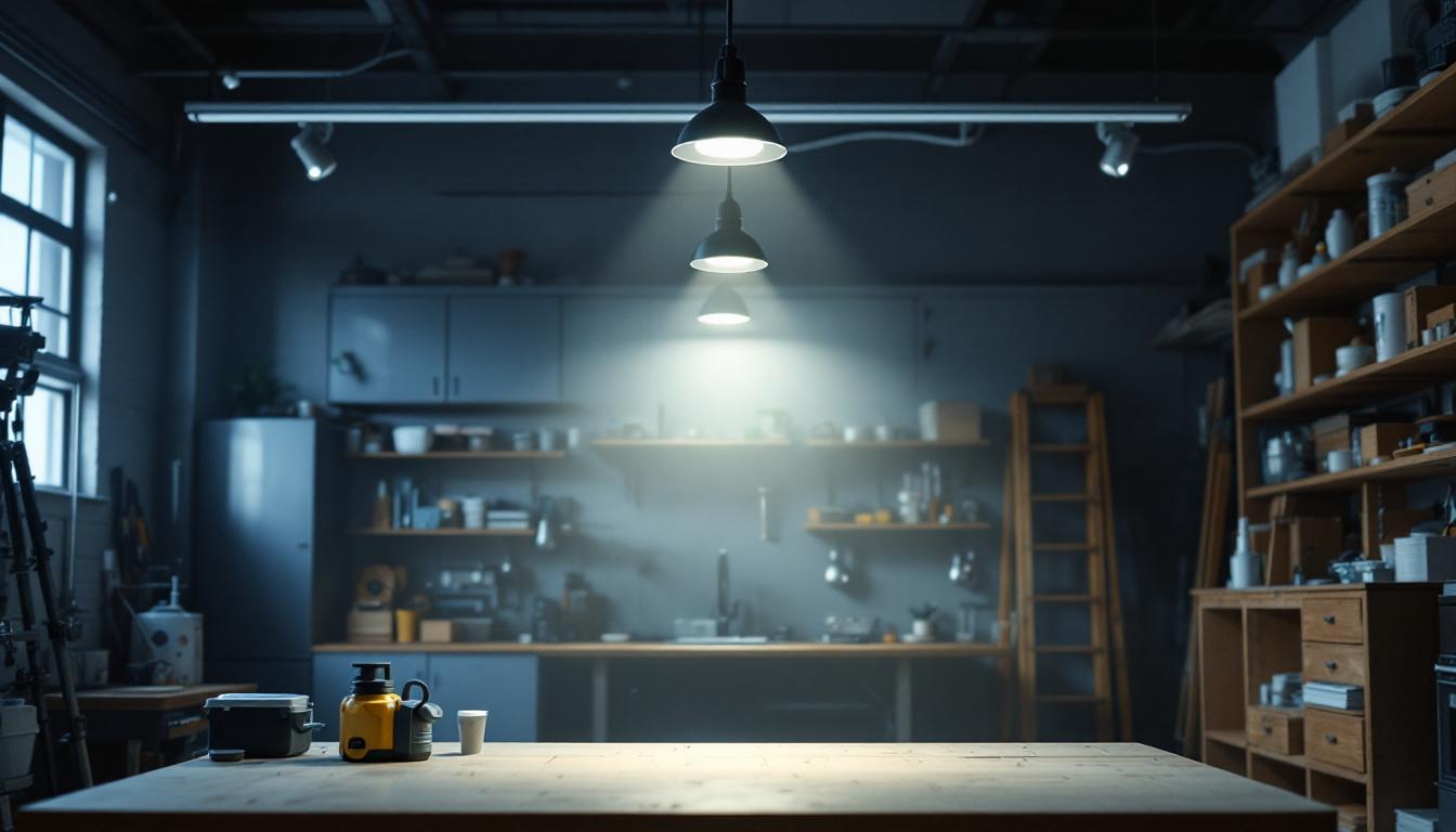 A photograph of a well-lit workshop or garage showcasing motion sensor shop lights in action