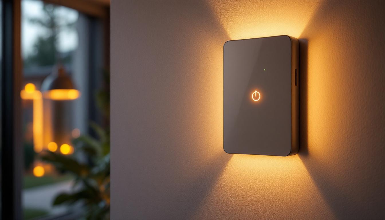 A photograph of a modern smart light switch installed in a stylish home setting