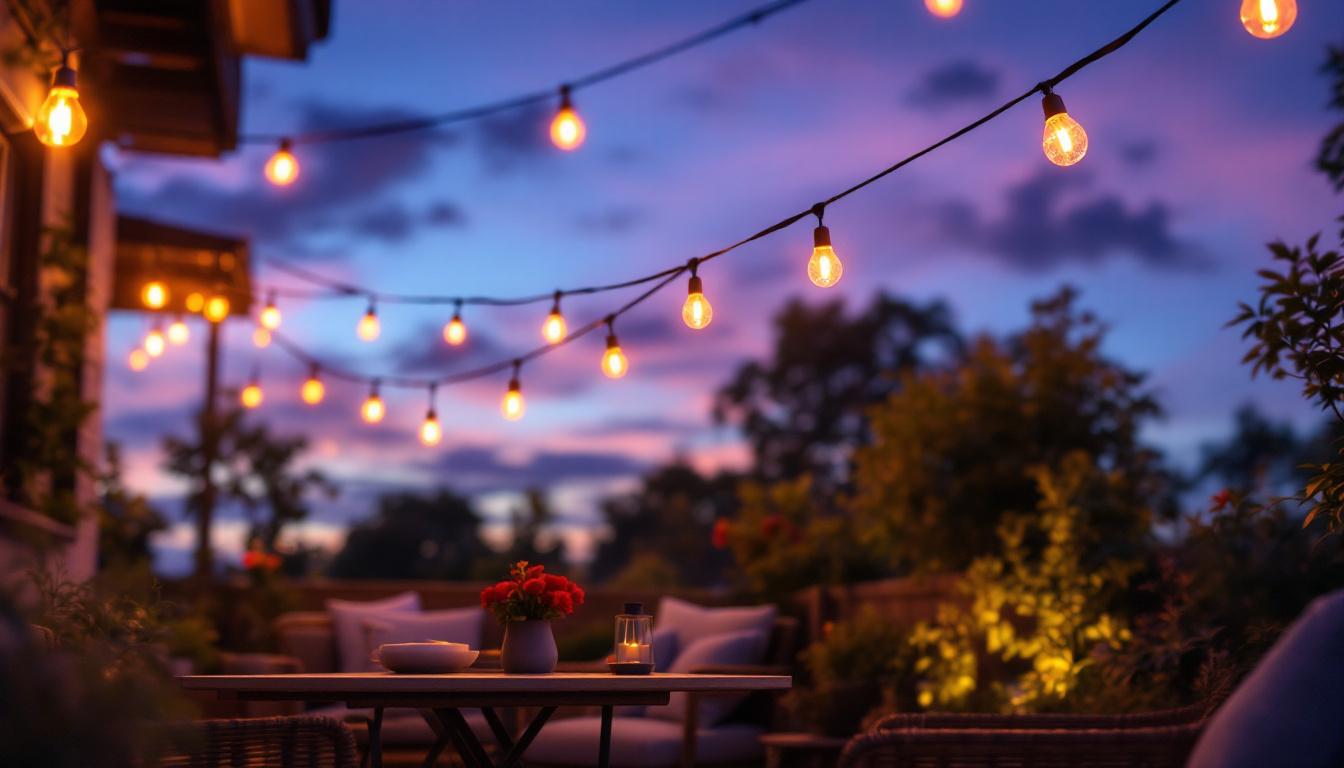 A photograph of a beautifully lit outdoor patio scene featuring solar-powered hanging lights