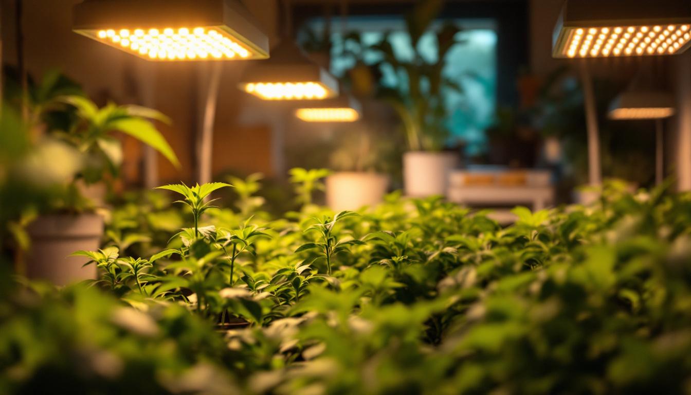 A photograph of a well-lit indoor garden or grow room showcasing a 1000 watt hps ballast in action