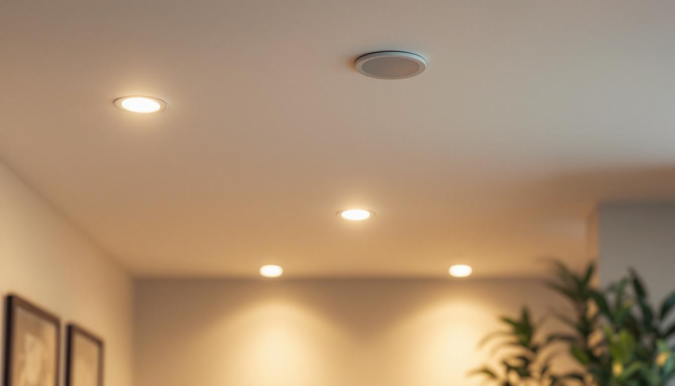 A photograph of capture a photograph of a well-lit room featuring recessed lighting