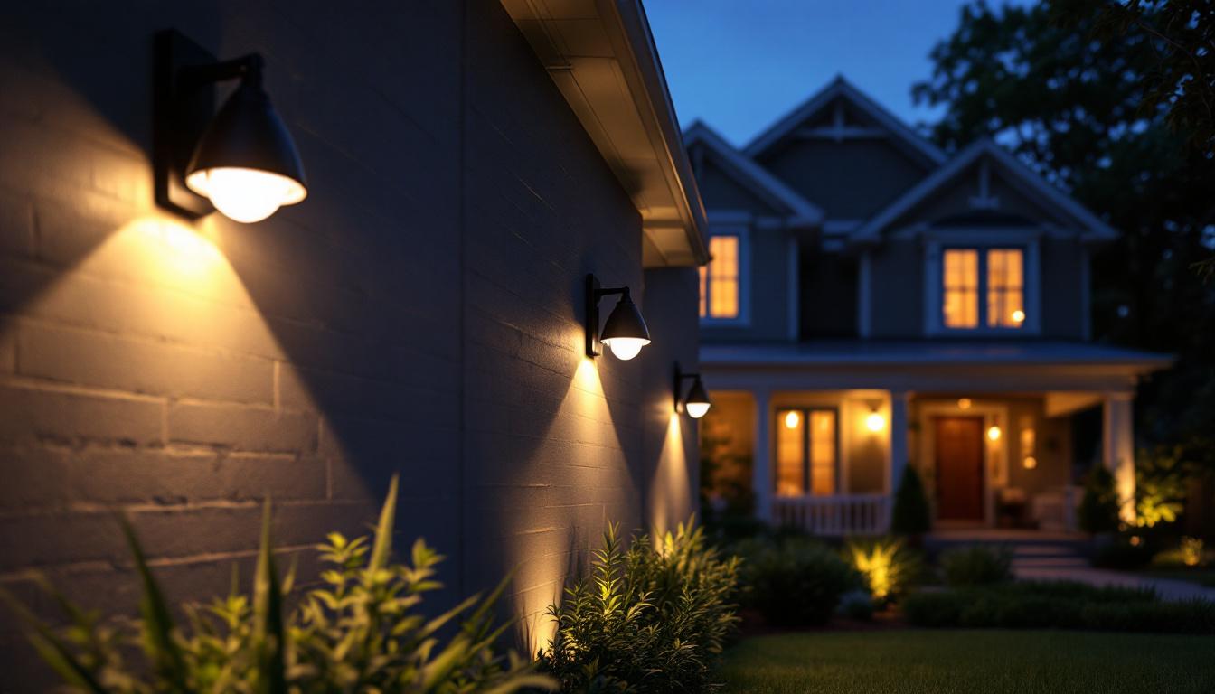 A photograph of a well-lit home exterior at dusk