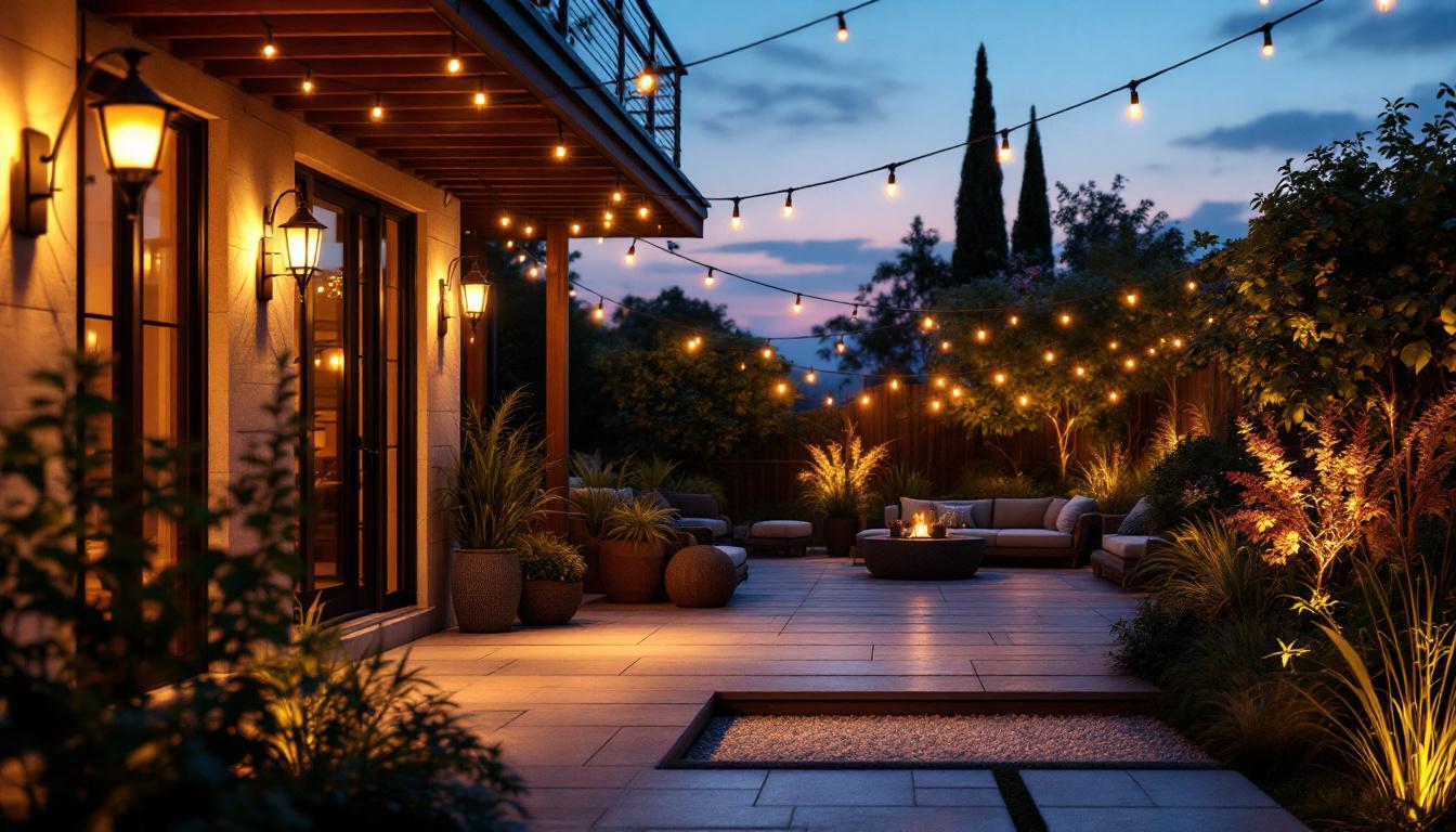 A photograph of a beautifully illuminated patio at dusk
