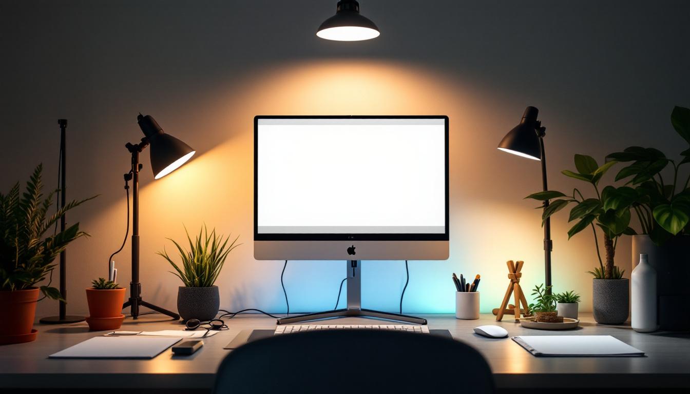 A photograph of a well-lit workspace featuring various plug-in lighting setups