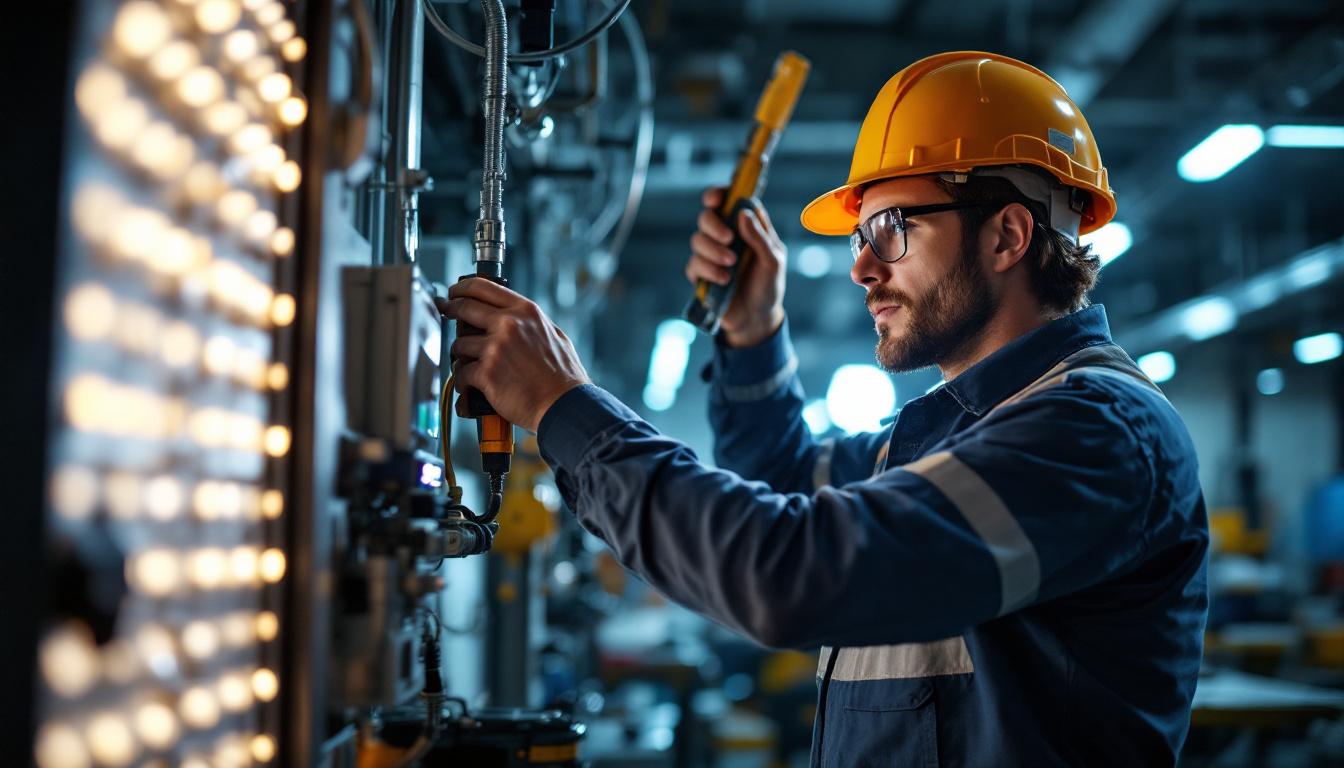 A photograph of a lighting engineer meticulously examining and replacing a ballast in a well-lit industrial setting