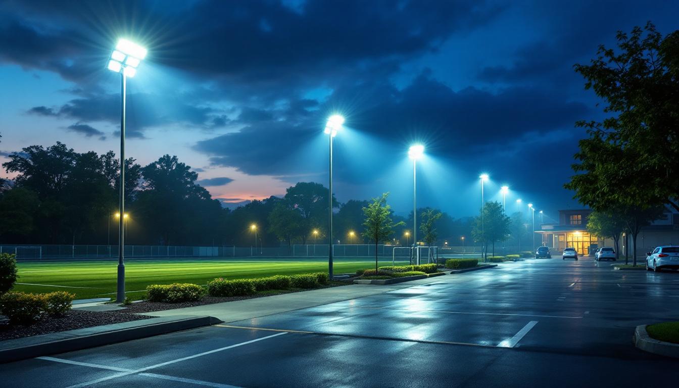 A photograph of a well-lit outdoor scene showcasing various applications of flood lights