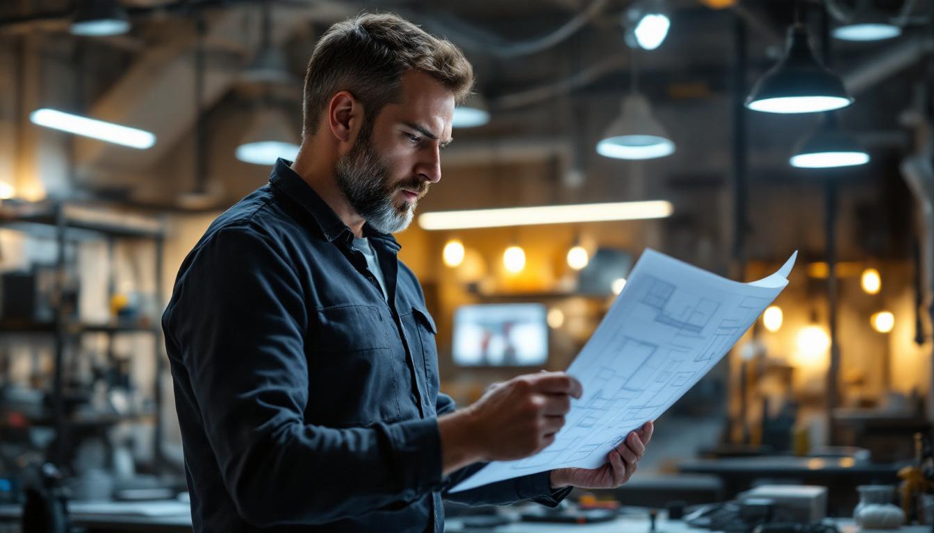A photograph of an engineer in a well-lit workspace