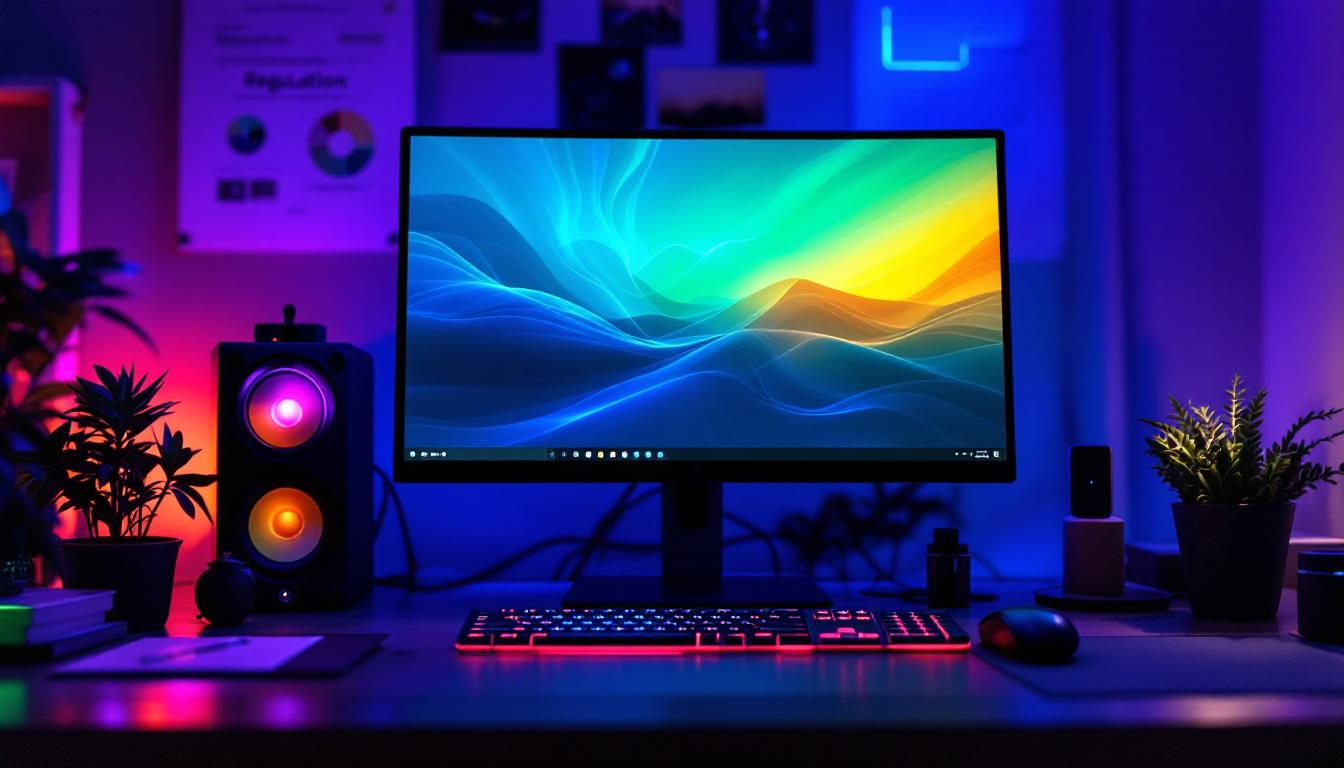 A photograph of a modern computer setup with vibrant led lighting