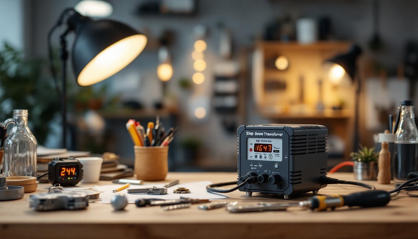 A photograph of a well-lit workspace featuring a step-down transformer alongside various lighting fixtures