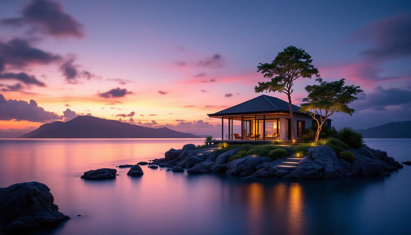 A photograph of a beautifully designed island lighting setup at dusk