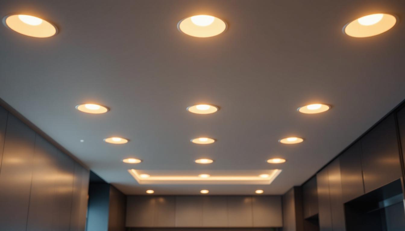 A photograph of a well-lit modern interior showcasing 4-inch led recessed lights installed in a stylish ceiling