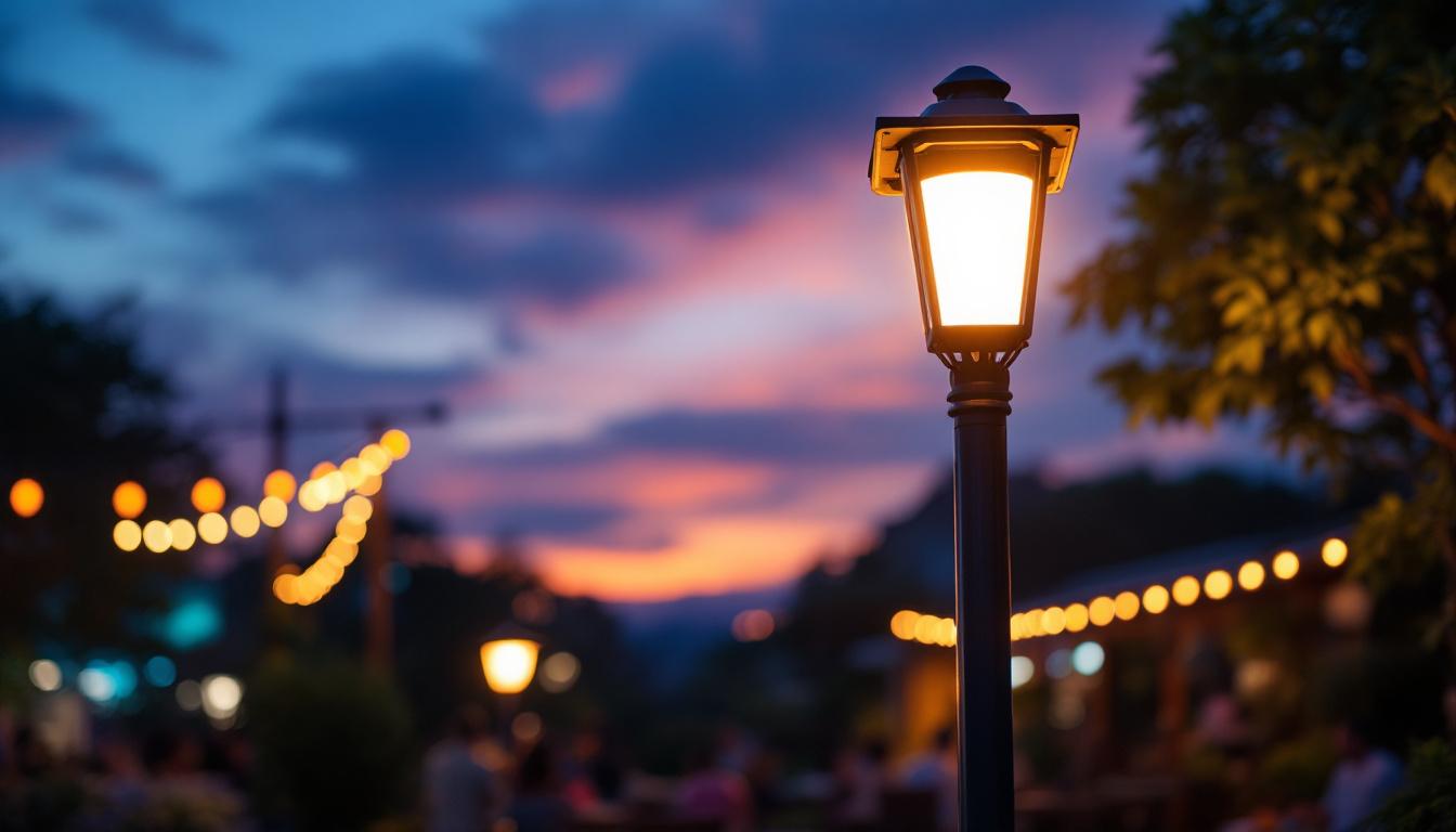 A photograph of a portable light post illuminating a vibrant outdoor scene at dusk