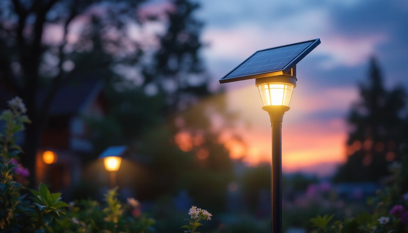 A photograph of a solar-powered dusk to dawn light installed in a picturesque outdoor setting