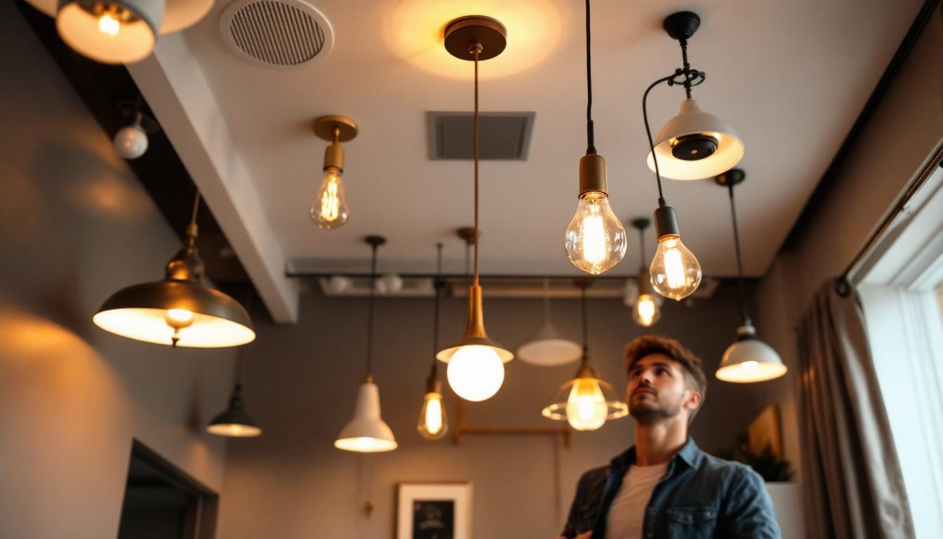 A photograph of a well-lit ceiling featuring various types of ceiling lights