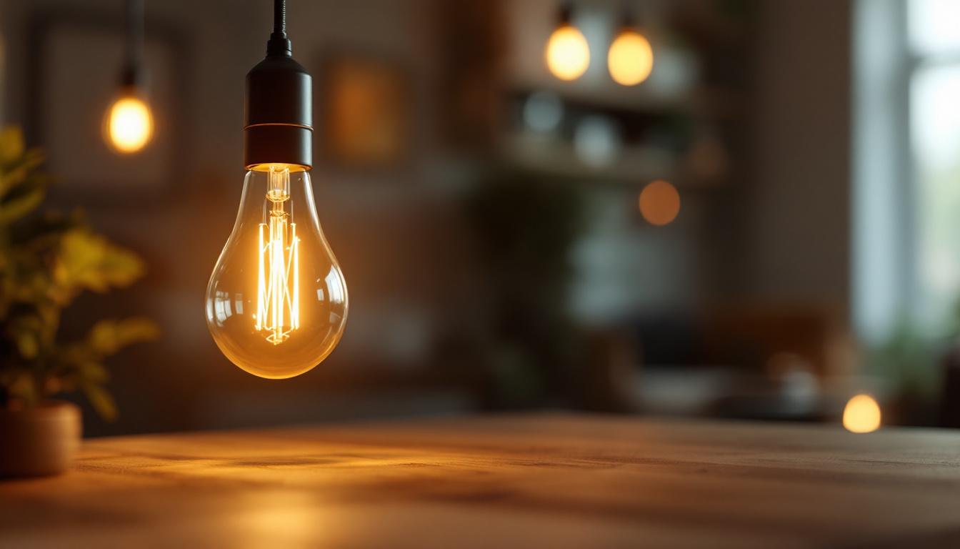 A photograph of a stylishly designed mogul socket bulb illuminated in a modern lighting fixture
