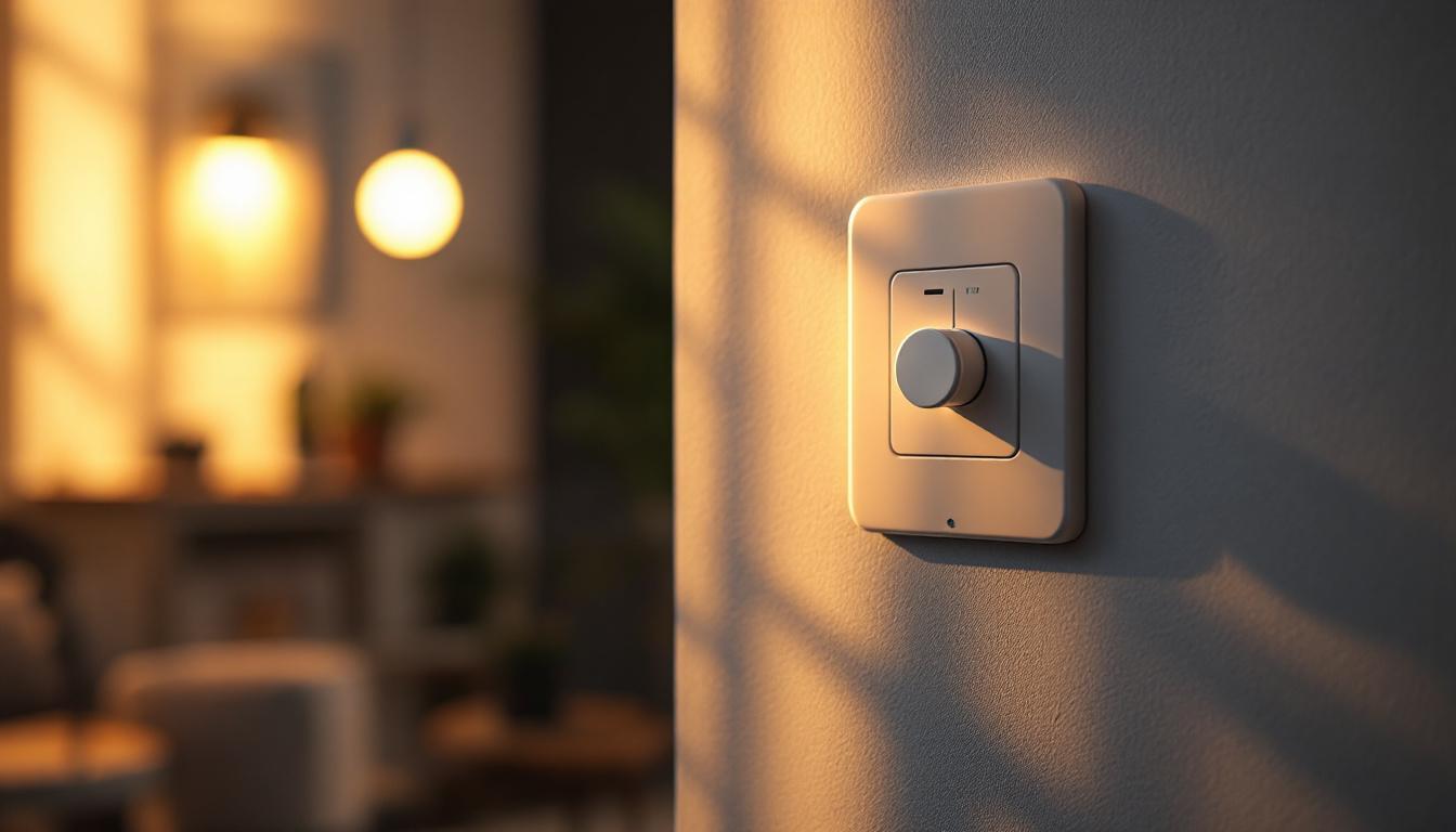 A photograph of a stylish light fan switch in a well-lit room