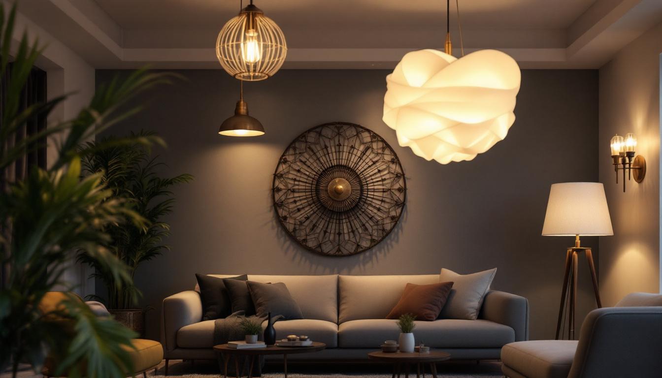 A photograph of a stylish sitting room with various ceiling light fixtures