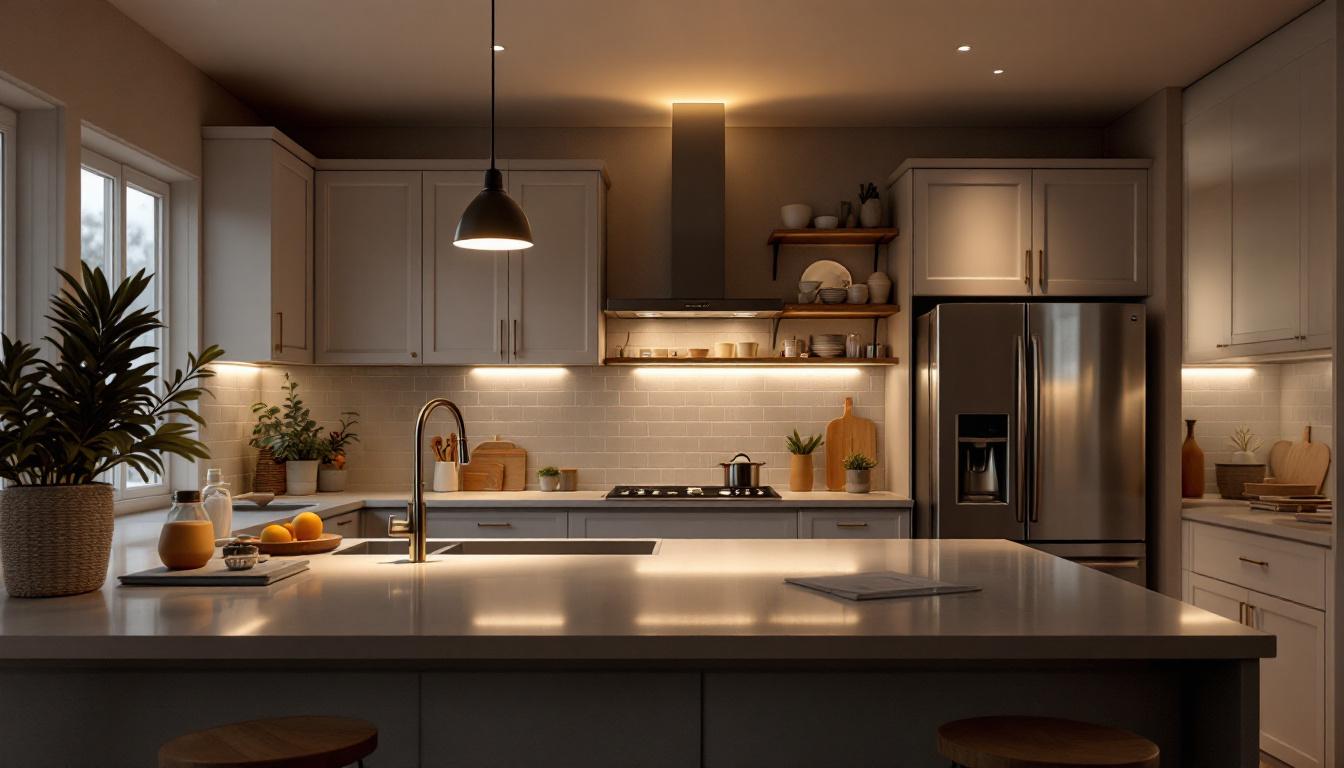 A photograph of a well-designed kitchen featuring modern can lighting