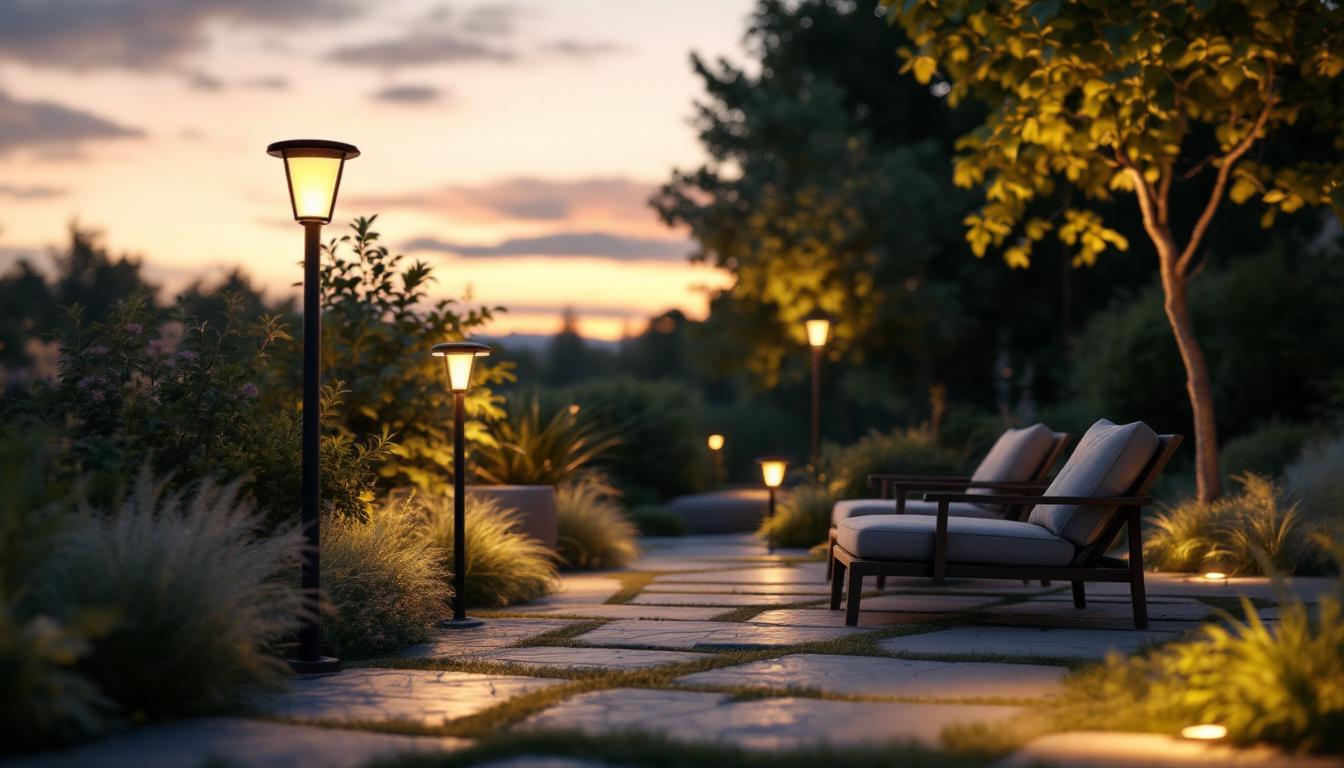 A photograph of a beautifully illuminated outdoor space featuring various solar lighting solutions