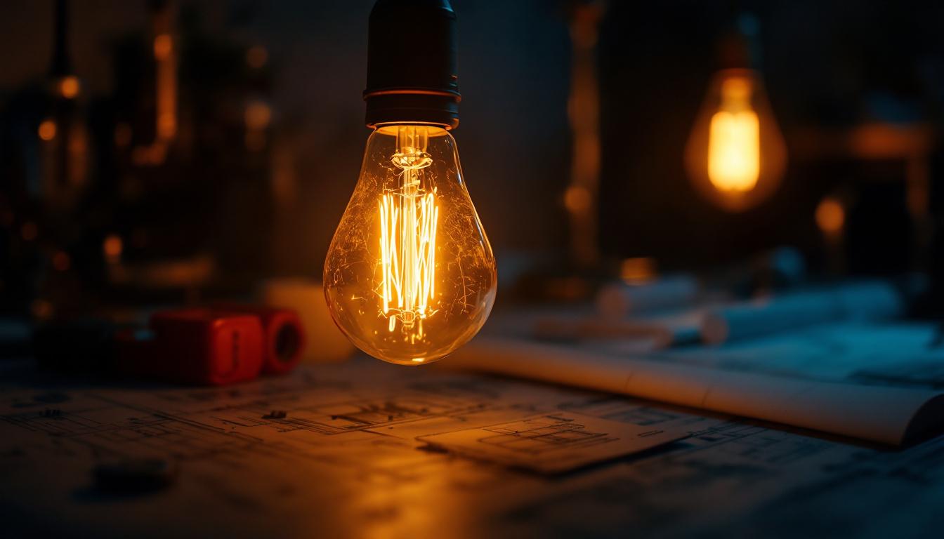 A photograph of a close-up of a flickering light bulb in a dimly lit environment