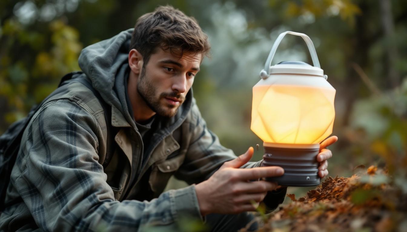 A photograph of a solar-powered collapsible lantern in a natural outdoor setting