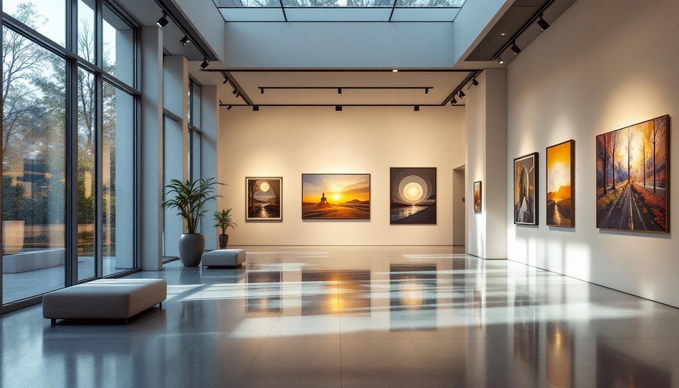 A photograph of a modern art gallery showcasing advanced lighting systems