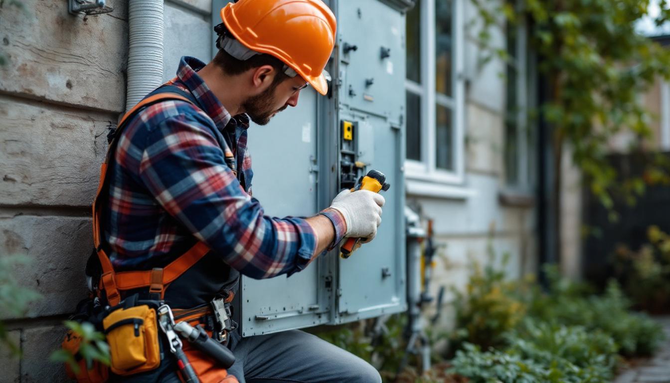 A photograph of a skilled electrician replacing an outdoor electrical panel cover