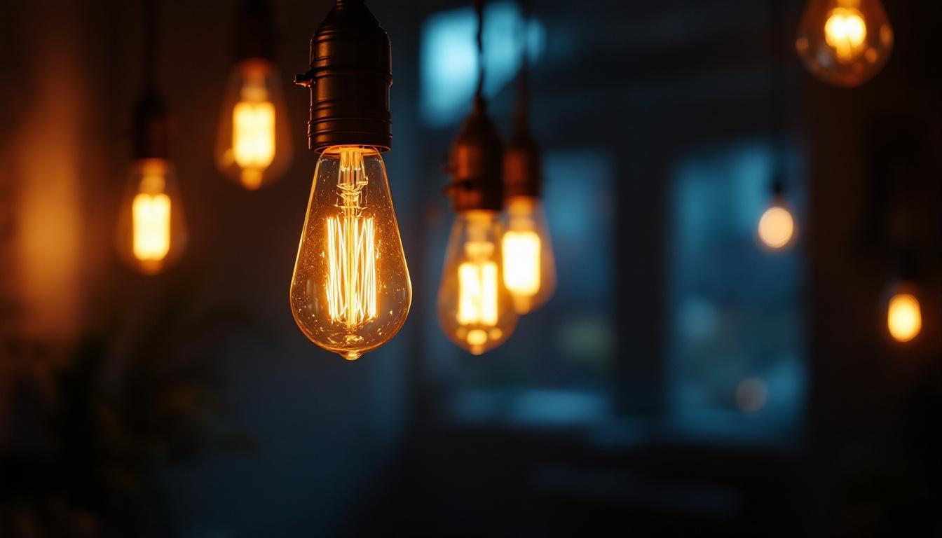 A photograph of a dimly lit room featuring flickering light bulbs