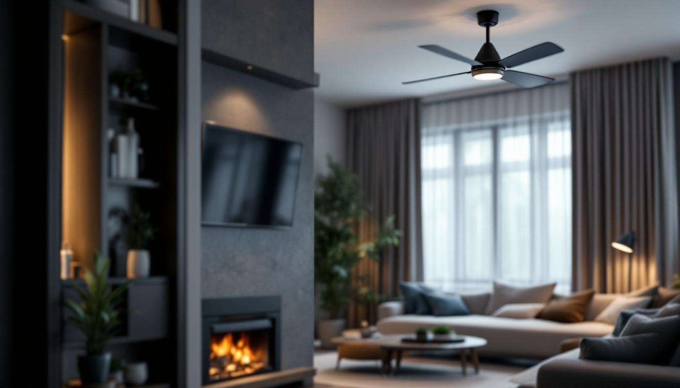 A photograph of a stylish contempo fan elegantly integrated into a modern living space