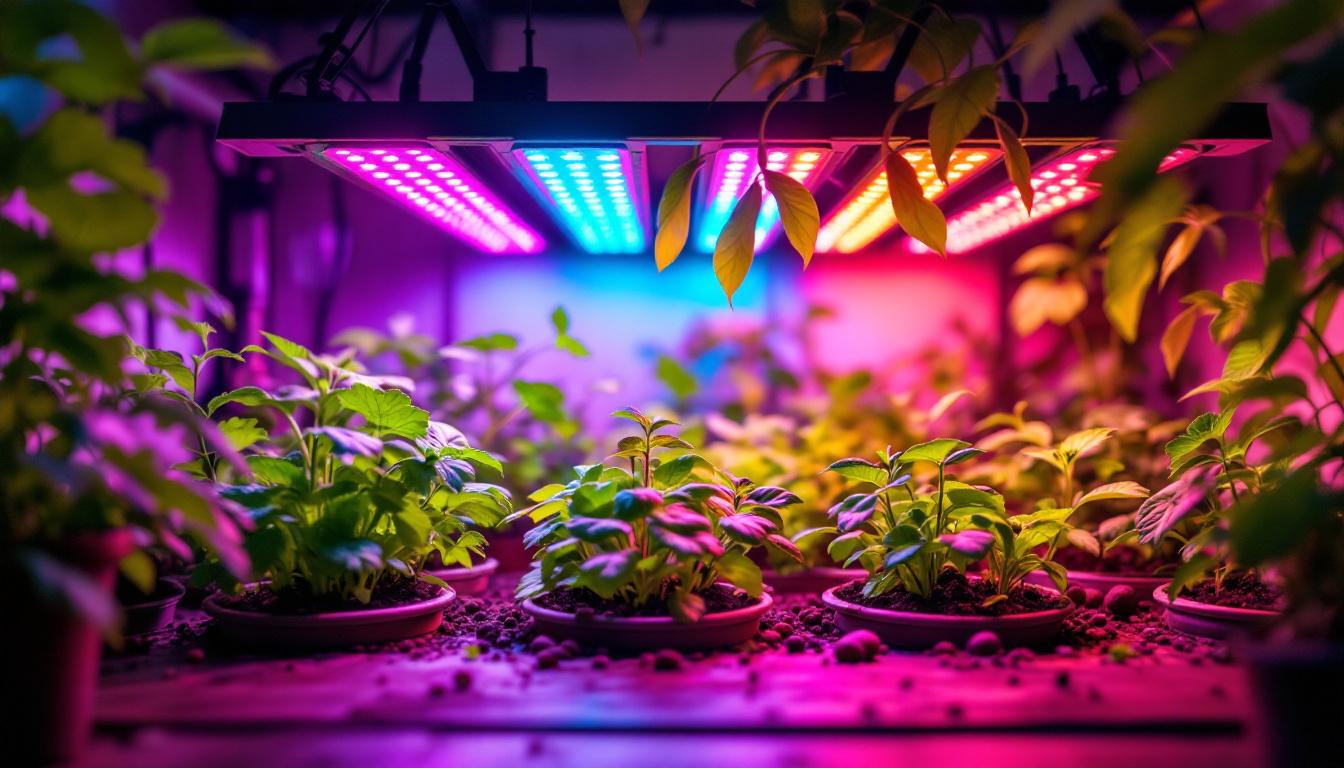 A photograph of a vibrant indoor garden setup featuring various vegetable plants under an array of colorful grow lights