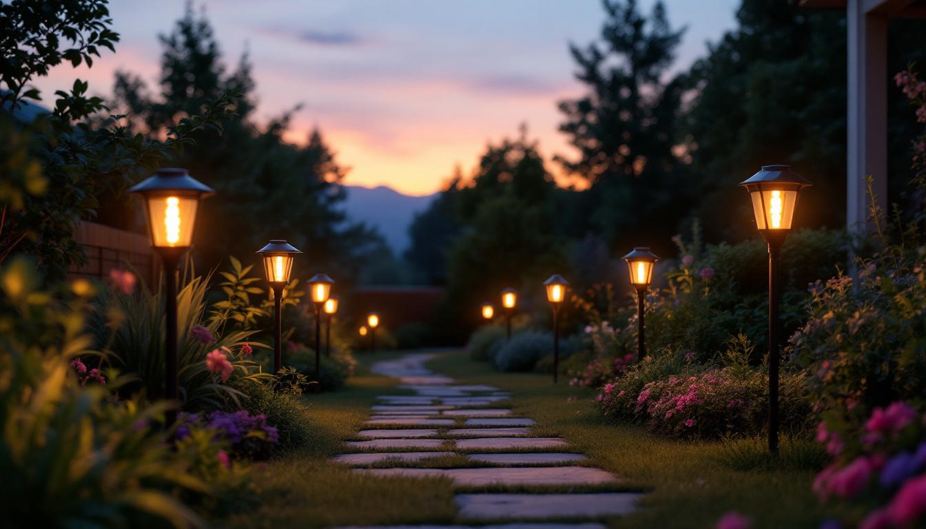 A photograph of a beautifully arranged outdoor scene featuring solar lights mounted on shepherd's hooks