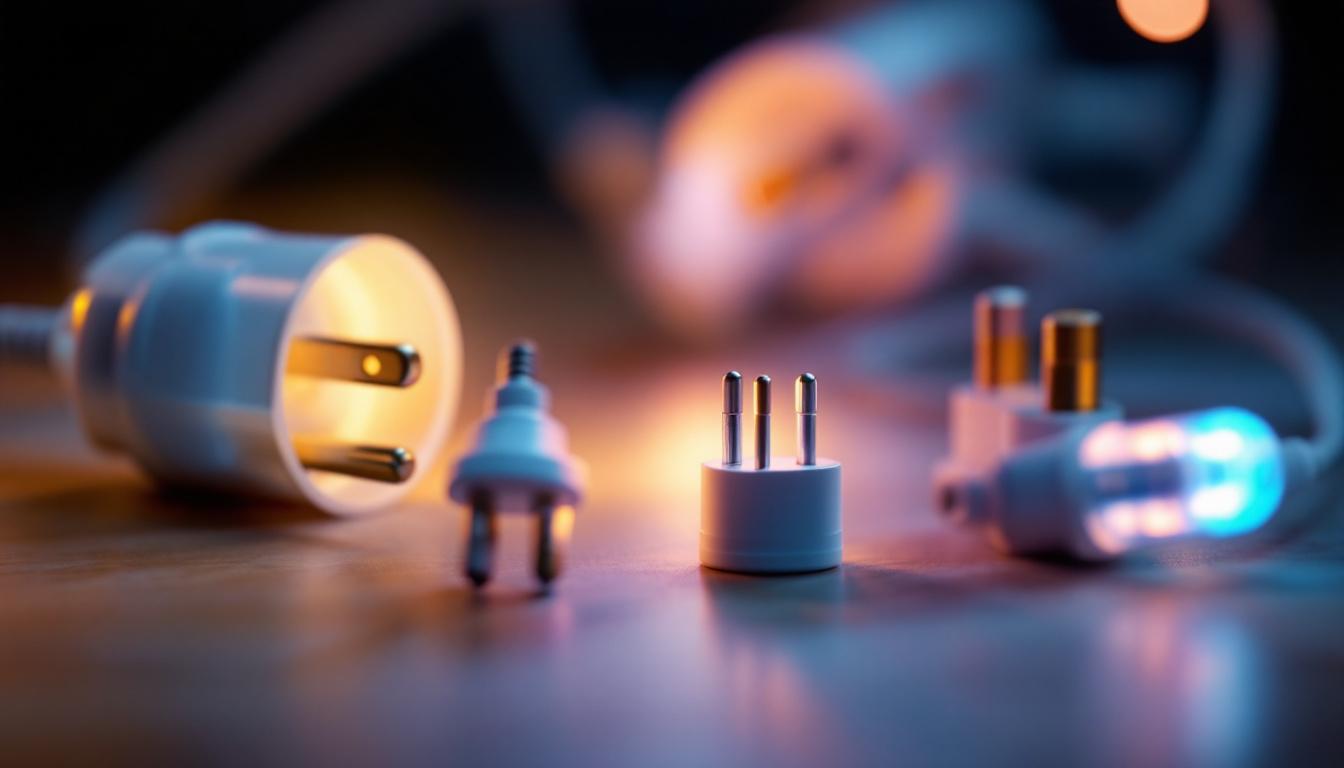 A photograph of a close-up of various types of lighting plugs and sockets