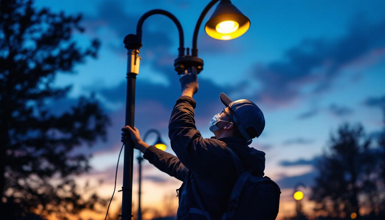 A photograph of a lighting engineer meticulously adjusting outdoor pole lights at dusk