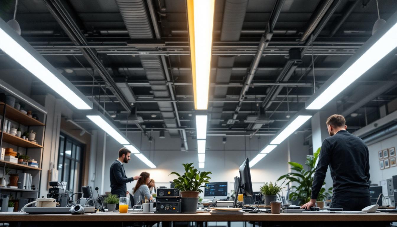 A photograph of a modern lighting installation featuring t5 ballast bypass led fixtures in an engineering workspace