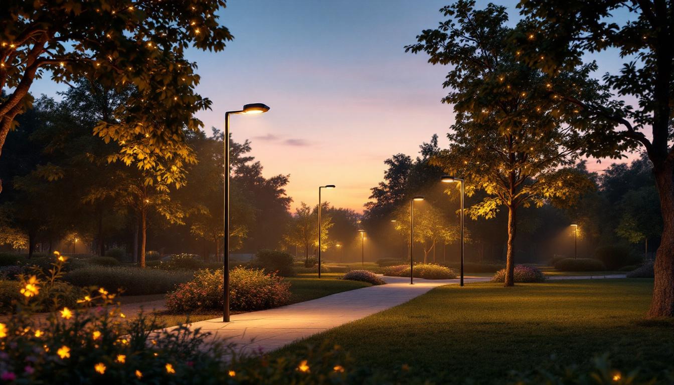 A photograph of a large-scale outdoor solar led lighting installation in action