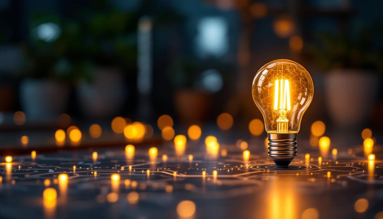 A photograph of a close-up view of a cob led bulb illuminated in a modern setting