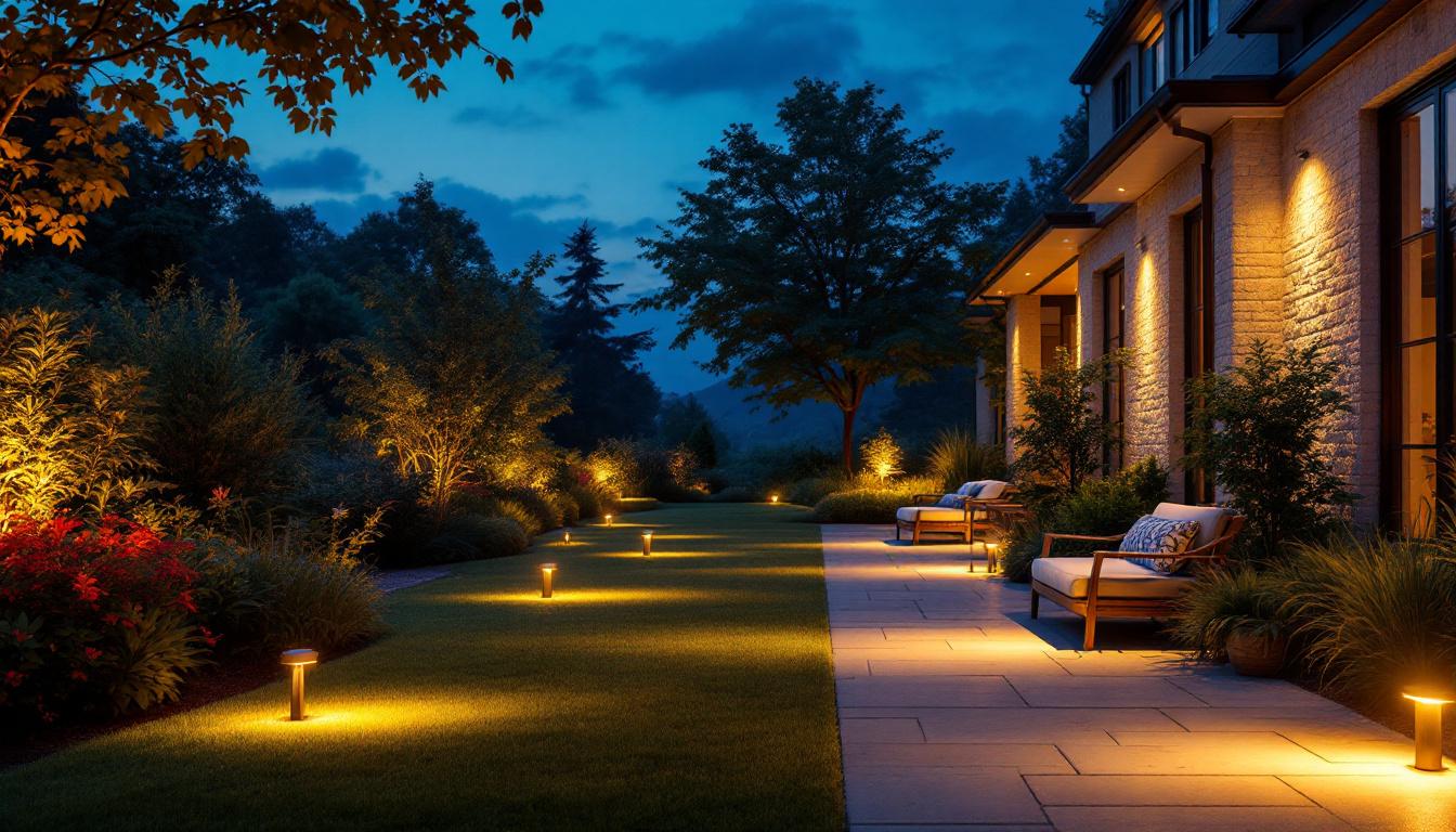 A photograph of a beautifully illuminated outdoor space featuring led flood lights in action