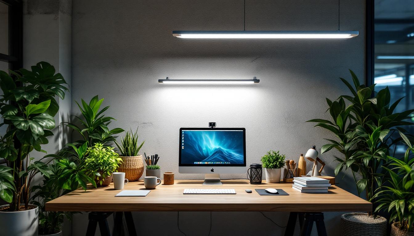 A photograph of a modern workspace illuminated by sleek led t8 tube lamps