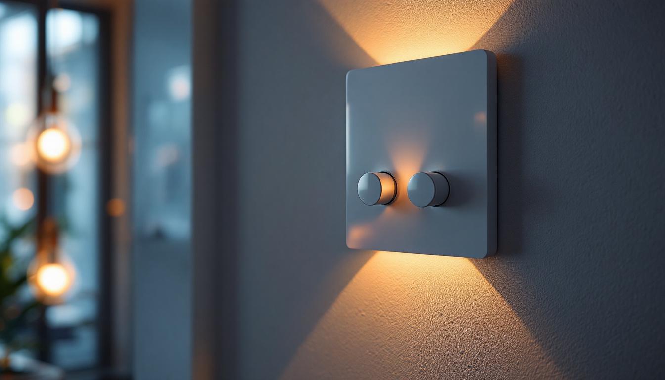 A photograph of a modern dimmer switch installed on a wall