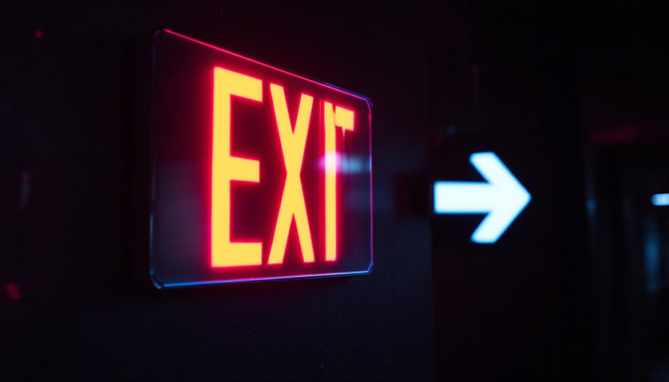 A photograph of a well-lit exit emergency sign in a dimly lit environment