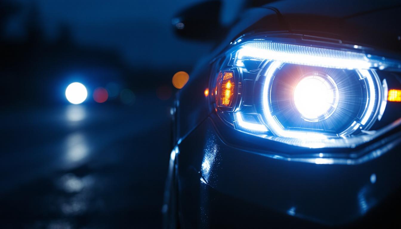 A photograph of a close-up of a car's hid headlights illuminated at night